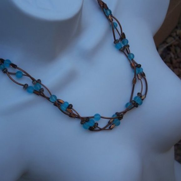 Handmade Multi Strand Necklace With Blue Glass Beads & Copper Coated Tube Beads - Picture 2 of 5